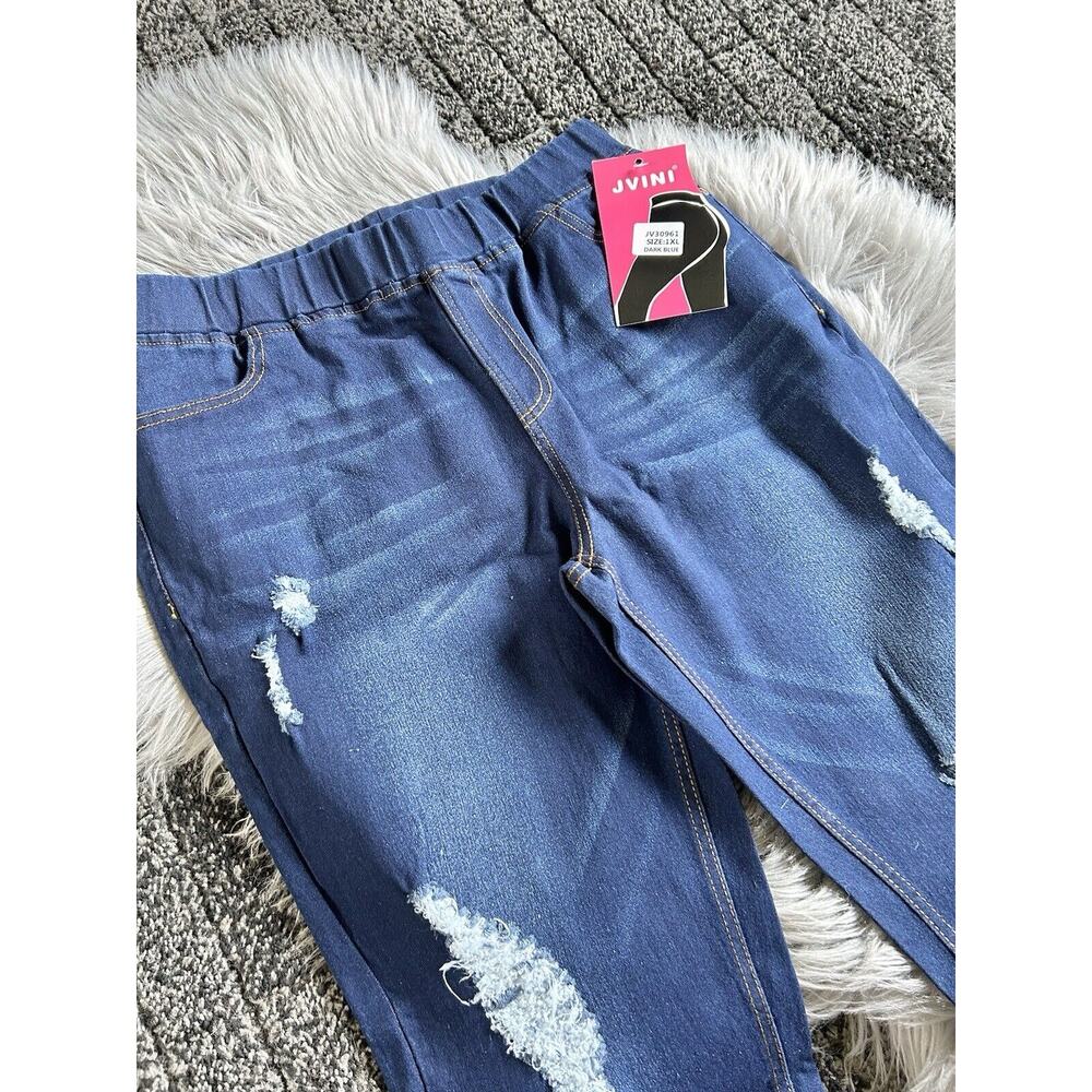 Jvini Jegging Jeans Women's Size 1XL Pull On Distressed Elastic Waist Dark Blue